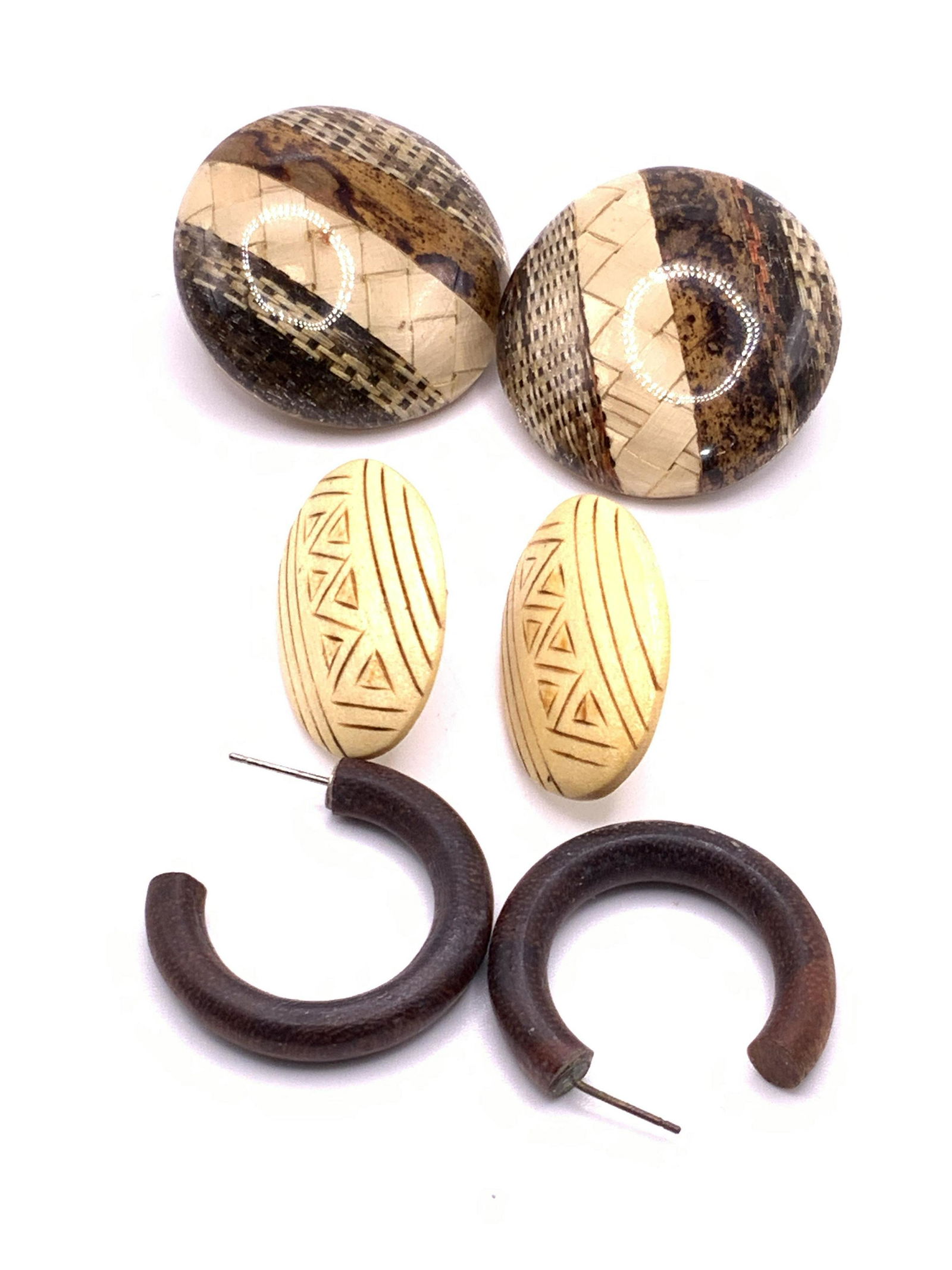 Lot 3 Vintage Handmade Wooden Earrings, Jewelry (1 of 6)