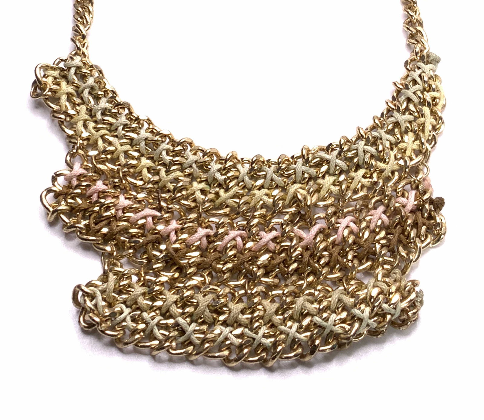 Vintage Chain & Fabric Bib Necklace, Jewelry: A vintage gold tone metal chain and fabric bib style necklace. Fabric is woven between the chains along the bib, variety of colors. Lobster claw clasp closure. Adjustable length. Some surface wear to 