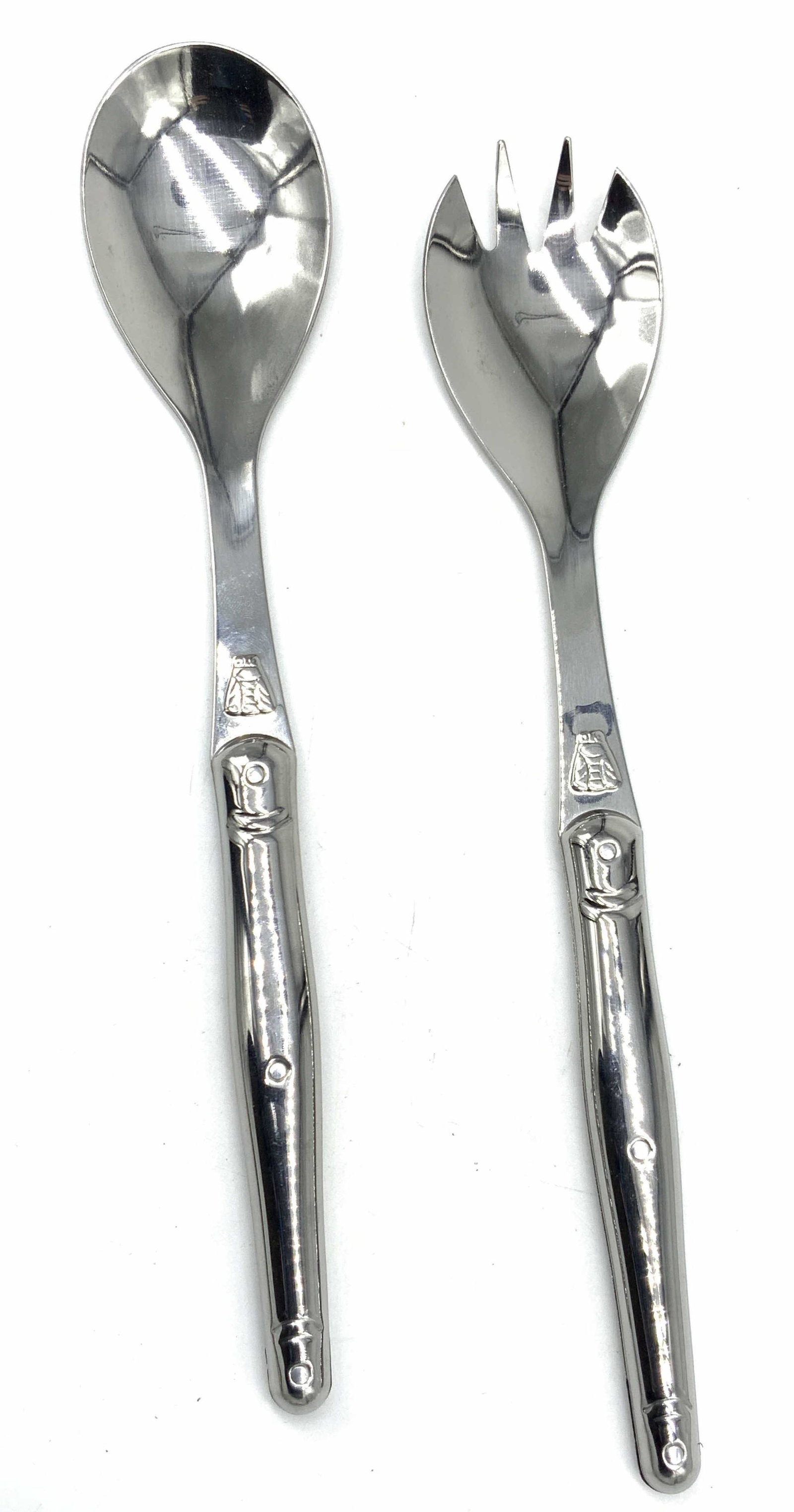 Jean Dubost LAGUIOLE Stainless Steel Salad Servers: A set of stainless steel salad serving spoon and spork marked on underside LAGUIOLE Jean Dubost, France, with a relief of a bee is on the opposite side. Approximately 10 x 1.75 inches. Some minor scra