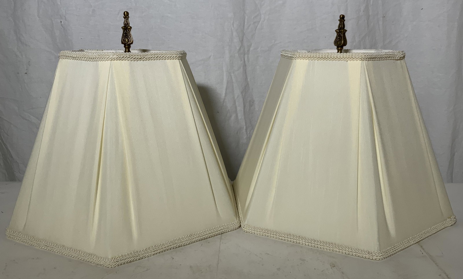 Vintage Hexagonal Fabric Lamp Shades: Vintage Hexagonal Fabric Lamp Shades, measure 14 inches in diameter at base x 12 1/2 inches tall. Shades, lamp shades, fabric lamp shade, fabric shades, lighting. Vintage lighting, lamp lighting, lamp