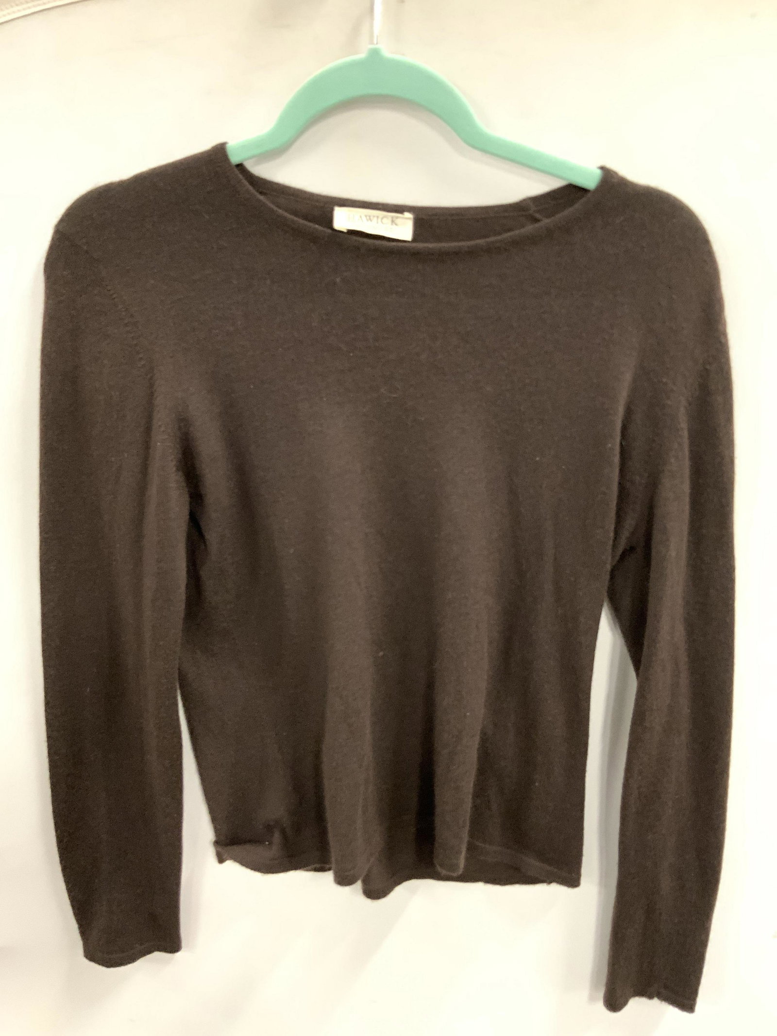HAWICK CASHMERE Brown Long Sleeved Sweater: A long sleeved brown hued sweater. Interior tags read HAWICK CASHMERE and M, 100% PURE CASHMERE. Some wear consistent with use, some discoloration. Ladies Wearables, Fashion, Designer, Clothing, Weara