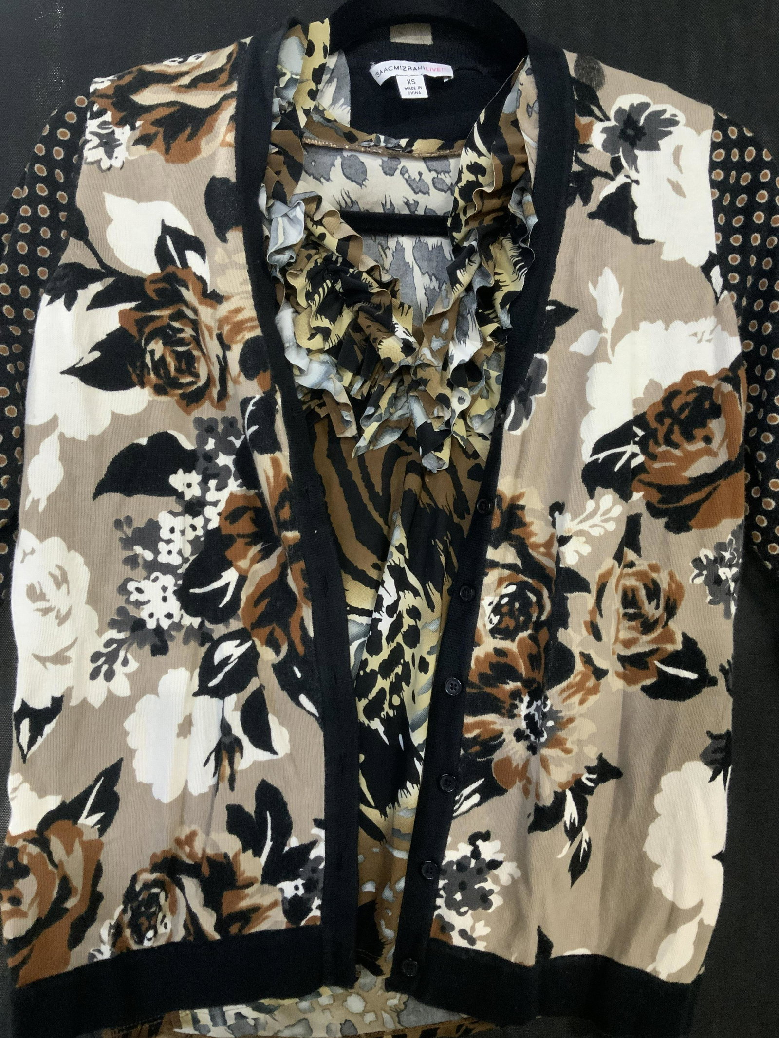 Issac MIZRAHI Live Cotton Cardigan, Blouse: Coordinating Separates- Blouse and Cardigan. Animal print ladies tank top , stretchy fabric, v neck shawl ruffle collar. Multiple animal print- tiger, Jaguar, in black, brown, grey color palette. Labe