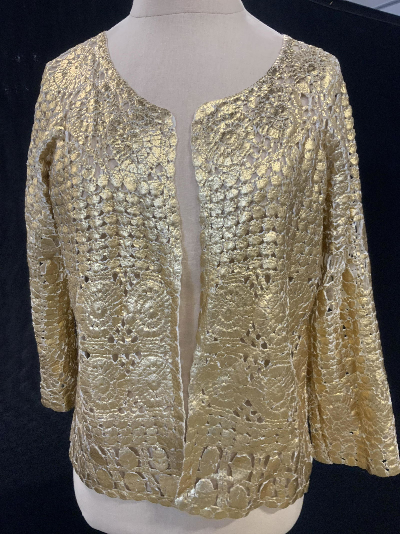 JOE FRESH Cotton Blend Gold Crochet Cardigan: Hand Crochet Cardigan, small petite, 55% cotton, 45% rayon. Exterior shiny metallic gold overlay. Org. designer label attached reads Joe Fresh. Ladies Casual wear, Estate wear, gold crochet Cardigan,