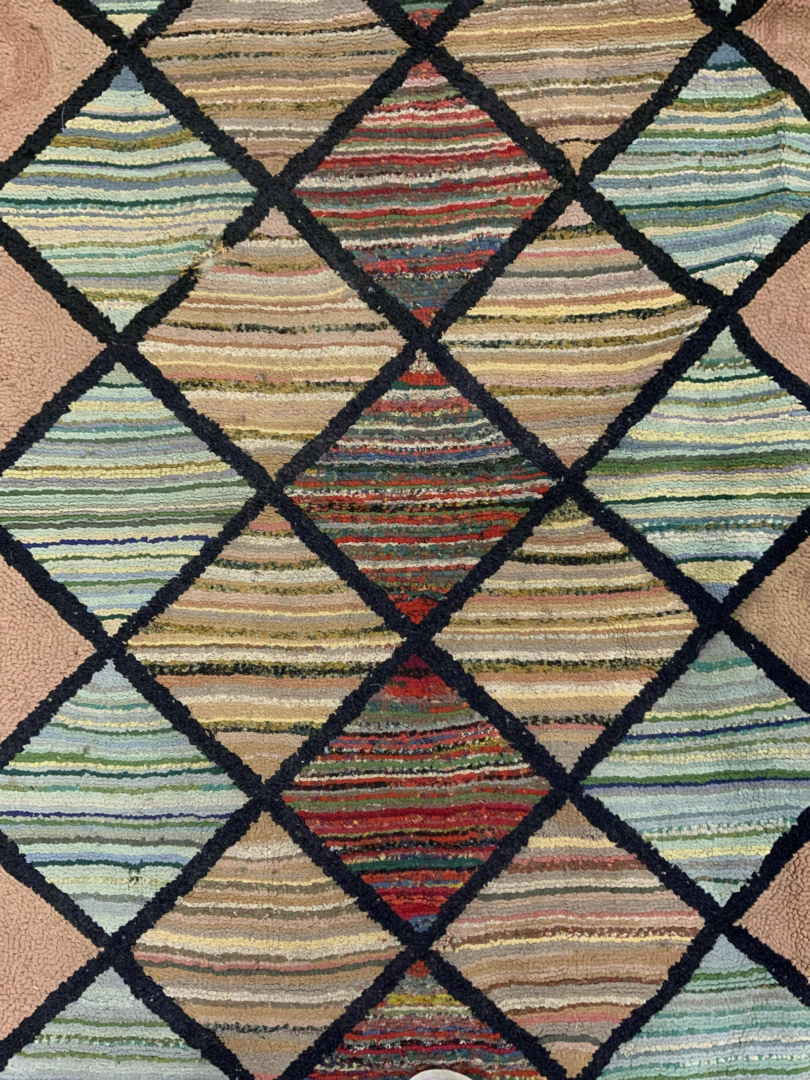 Vintage Arts & Crafts Style Area Rug: Decorated with multi toned crosshatch pattern. Wear to edges and surface. Measures approx 70 inches long, 38 inches w. Carpets, home decor, decorative accessories, decorative arts, vintage decorative 