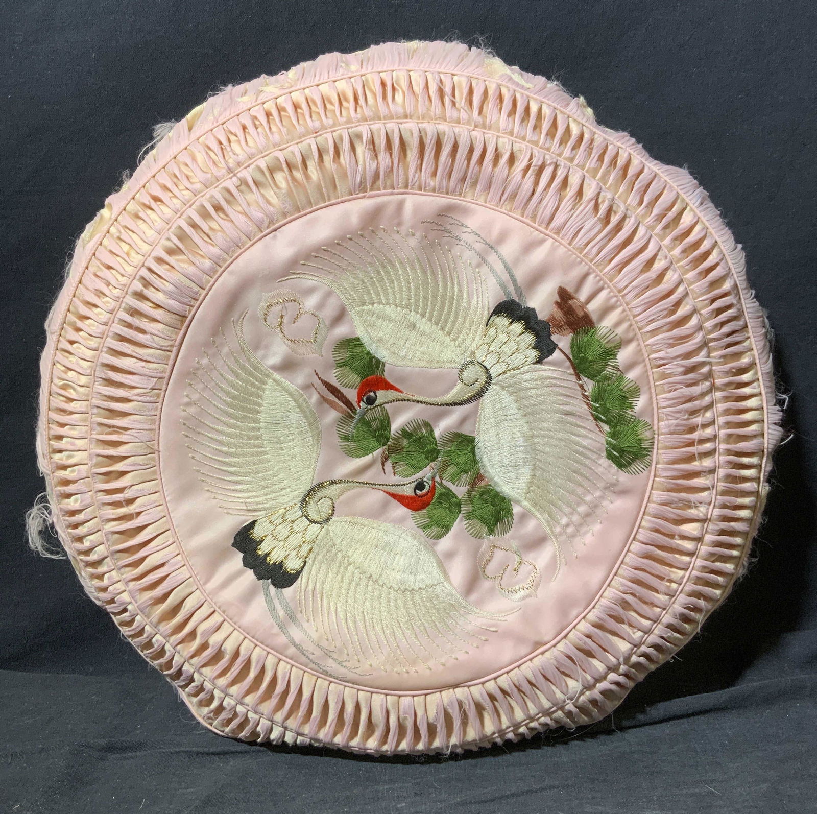 Embroidered Round Pillows with Japanese Cranes (1 of 8)