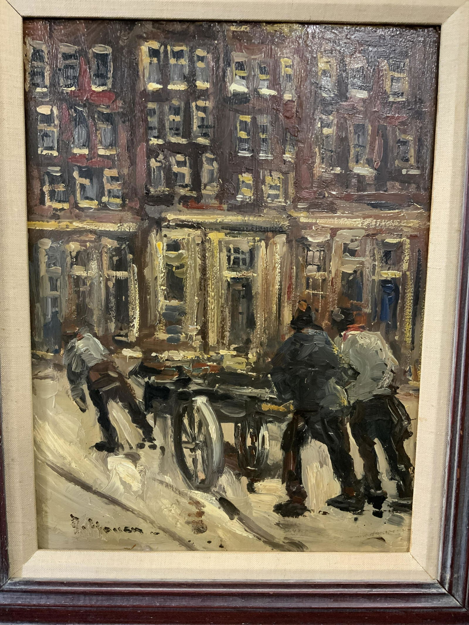 HOVEN Signed Oil on Wood of Old Amsterdam: HOVEN Signed Oil on Wood of Old Amsterdam , signature to lower left reads HOVEN, verso reads OLD AMSTERDAMâ€¦ JOHN HOVENâ€¦ oil on Wood, shows three different pen pushing a horse carriage outs