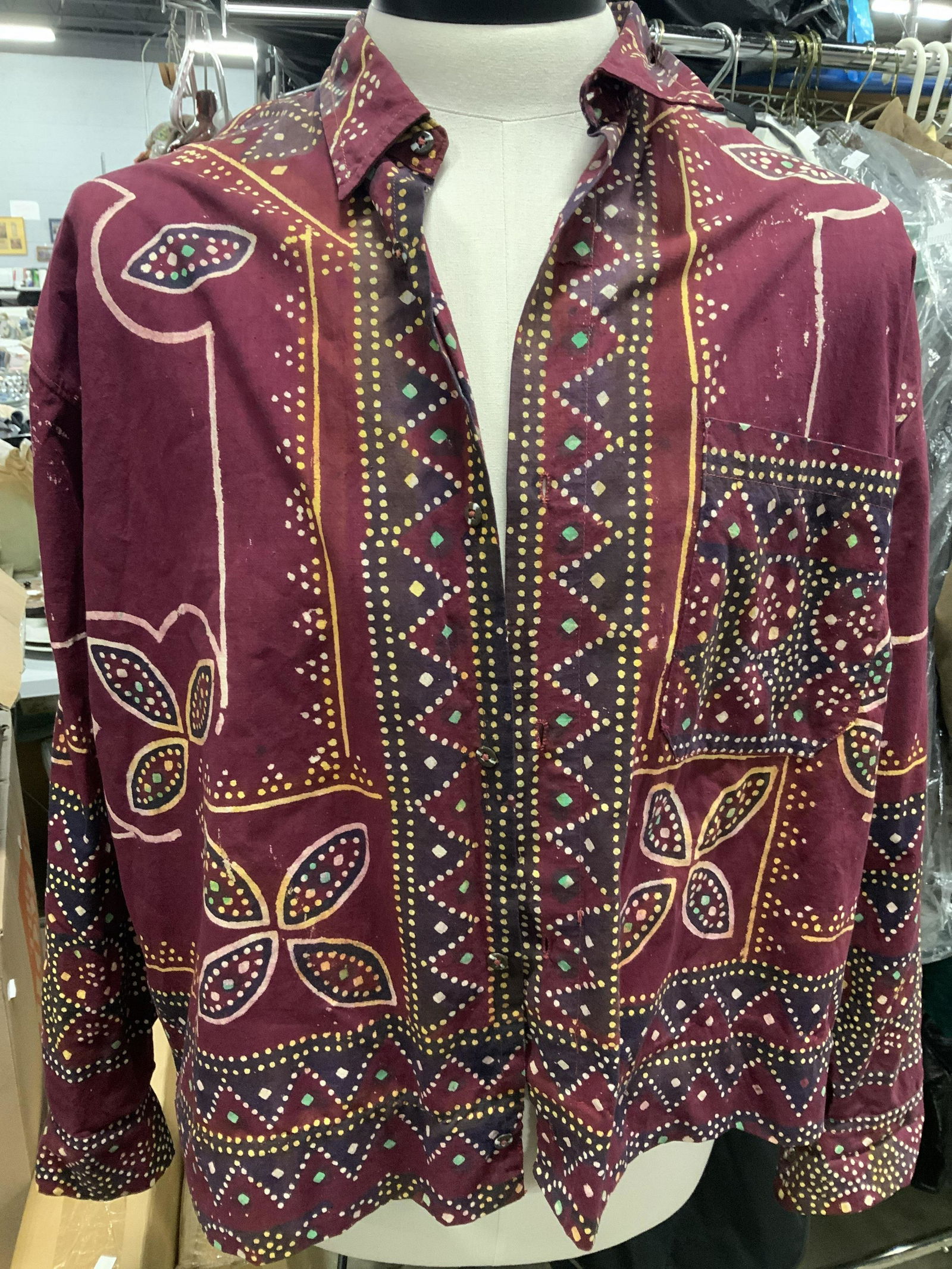 Mens BATIK cotton Shirt, Med: Maroon Cotton batik mens shirt with scattered dot Indian pattern . All button down need buttons on sleeve. Areas where garment has been re stitched - lower hem. 26 1/2 in long at front hem, back hem i