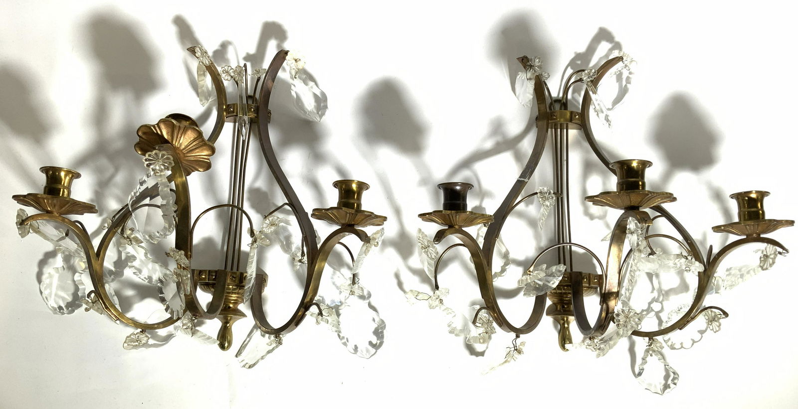 Pair Brass Wall Sconces W Hanging Glass Prisms (1 of 8)