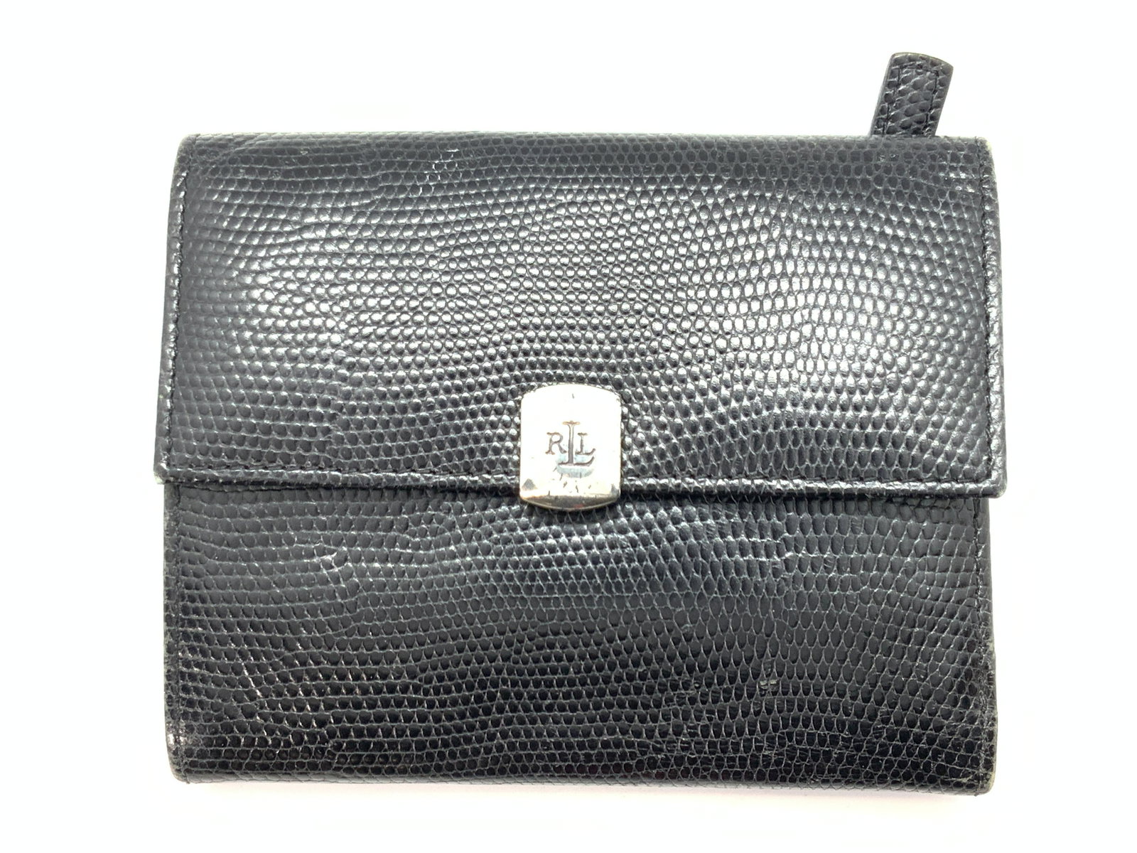 Vintage RALPH LAUREN Black Reptile Trifold Wallet: A vintage black reptile skin trifold wallet, marked on interior Ralph Lauren with a silver tone button clasp marked RLL. Interior has 10 smaller pockets for credit cards and ID, and wide pocket for ca