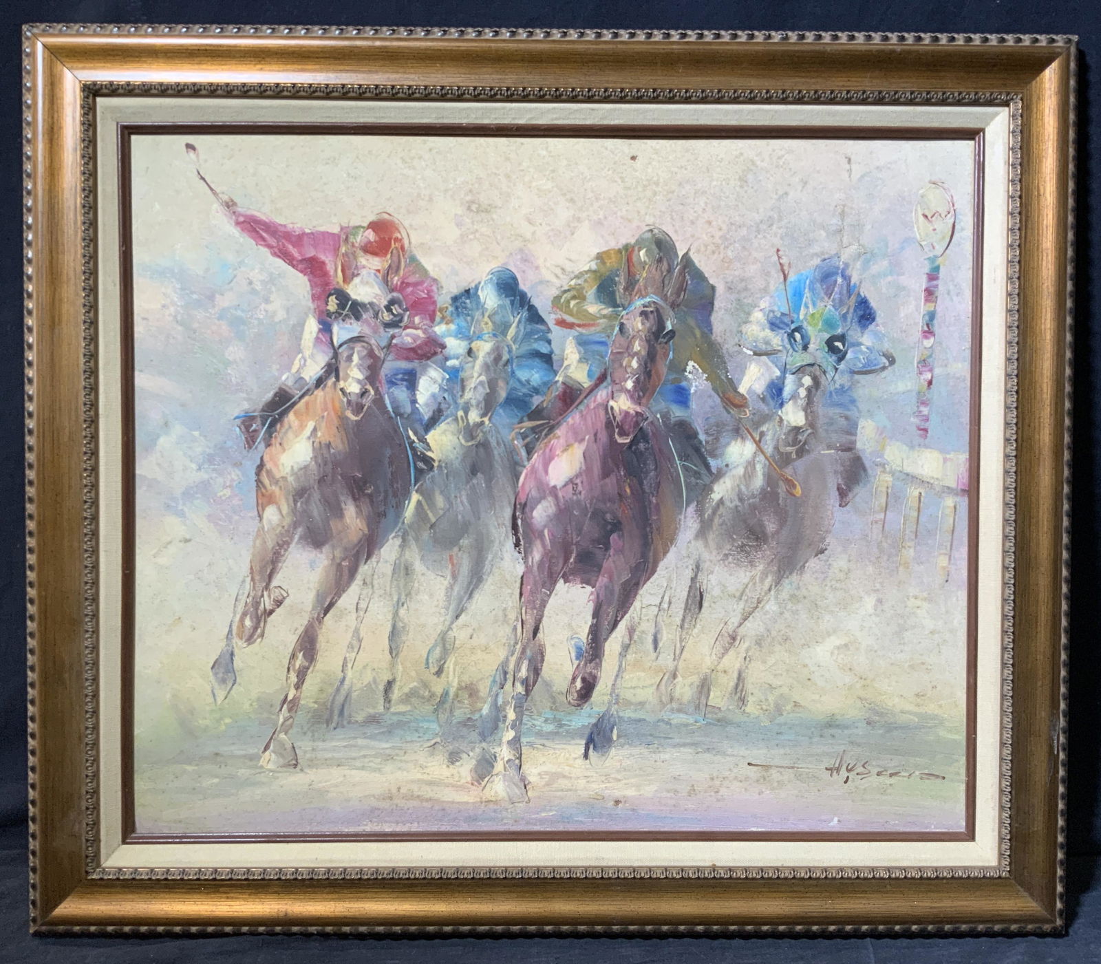 Signed Race Horses Acrylic on Panel (1 of 8)