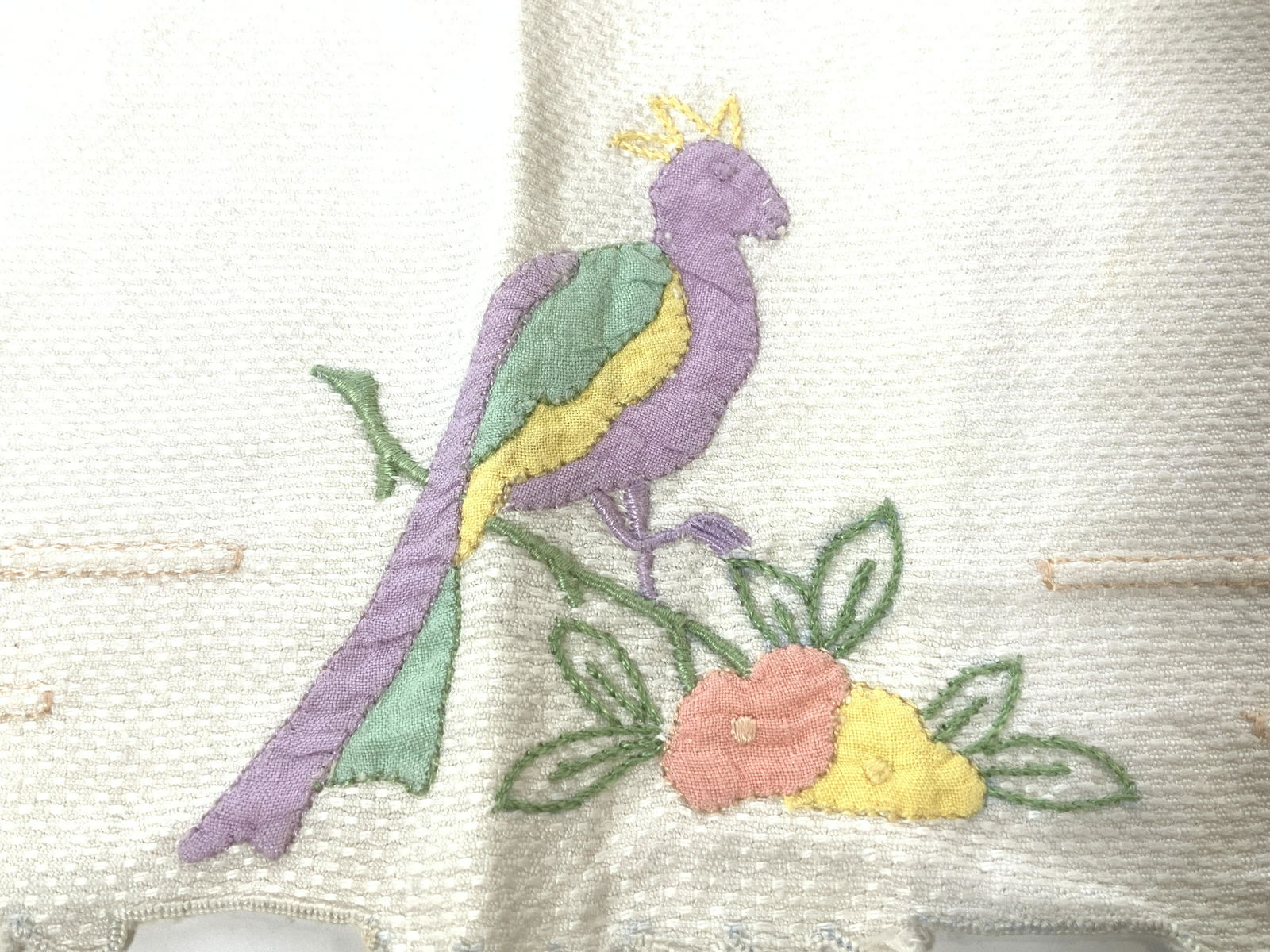 Embroidered Cotton Linen Tea Towel w/Pheasant: Vintage white linen tea towel with hand embroidered pheasant and flowers. Towel measures 20 x 14 in. Yellowing consistent with age and exposure. Property of Central Park West Manhattan, NY estate Tea