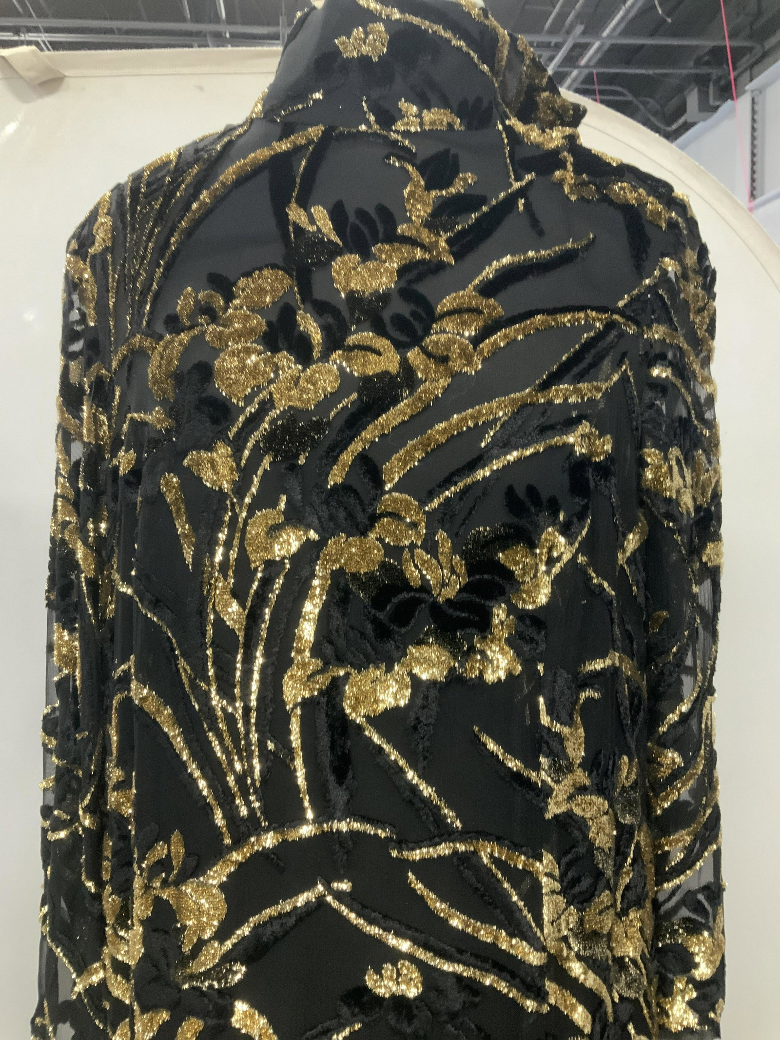Vtg Evening Cocktail Silk Dress w High Collar: Gold and black dress, sheer material ( thought to be silk) on long sleeves, Asian style gold and black plush fauna in relief. High collar, backside zipper, long side slit for walking. 50 in. Long, wai