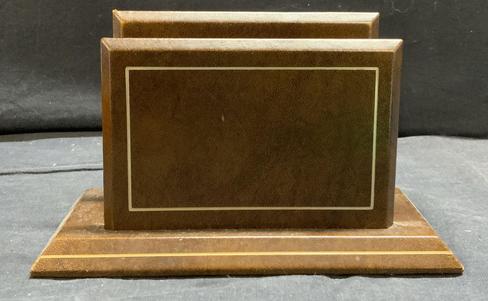 Wood & Leather Napkin Holder: Wood & Leather Napkin Holder, measures 7 L x 3 w x 4 1/2 h inches, signs of wear at corners. Decor, dining room table decor, tabletop decor, table accessories, dining room accessory, napkin holder, wo