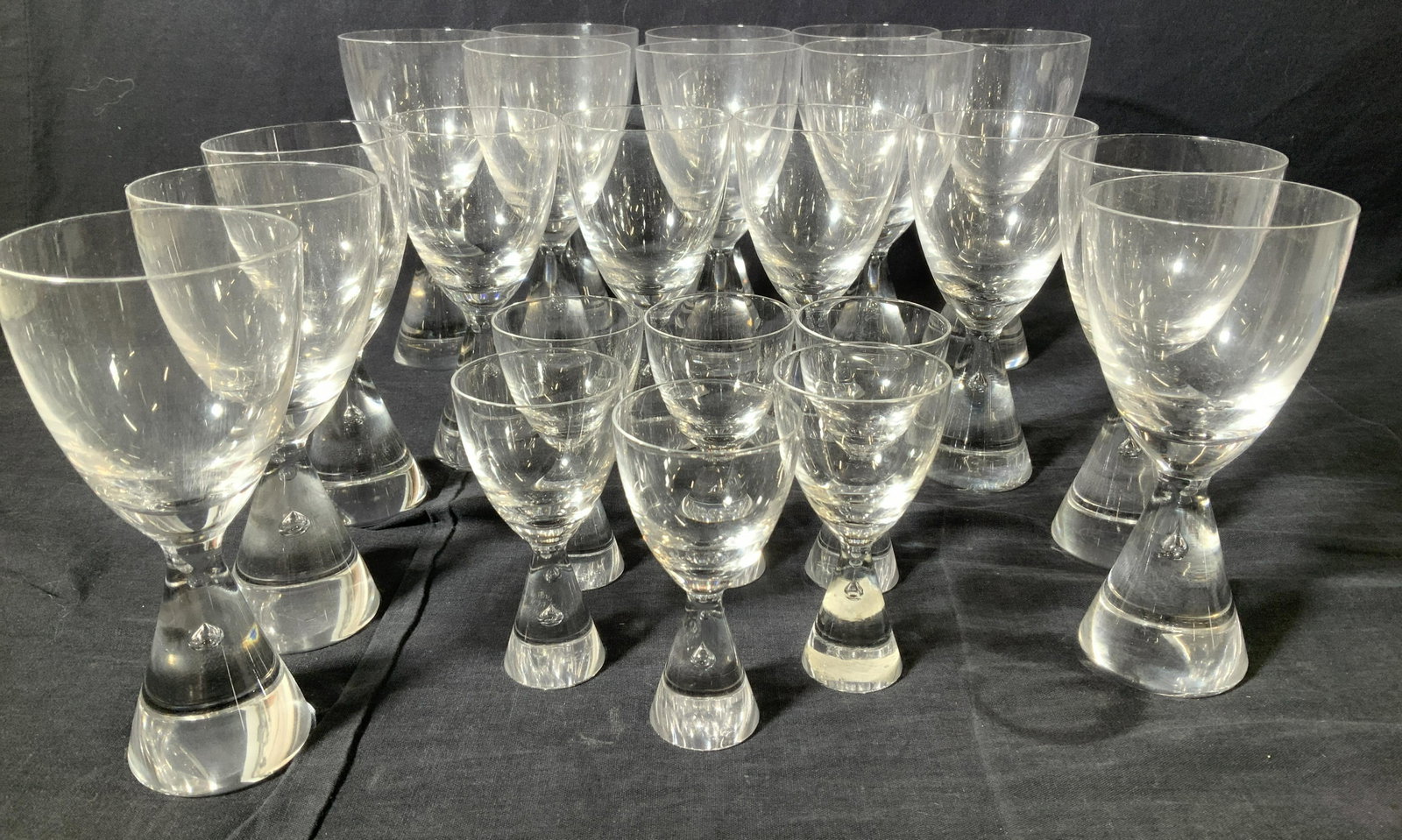 Royal Crystal Rock Crystal Stemware, Italy Set23: Vintage Italian Crystal stemware set with high pitch crystal ring, 3 sizes of Crystal stemware with a shooter style base and floating glass bubble. A few still have the white acid mark which is stampe