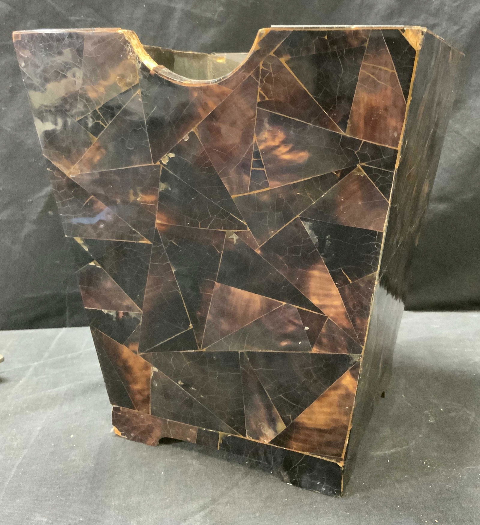 Vintage Wood Vessel with Mosaic Design: Vintage Wood Vessel w Mosaic Design, measures 10 x 10 x 11 inches, noticeable wear throughout. Vessel, would Vessel. Wooden decor, garbage Vessel, trash bin, Tran can, repurposed, vintage decor, 5B