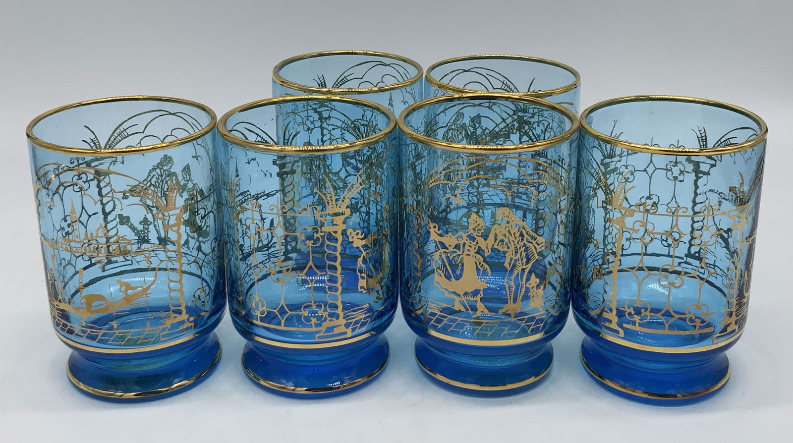 Set 6 Bohemian Blue Glass Cups w Gilt (1 of 5)