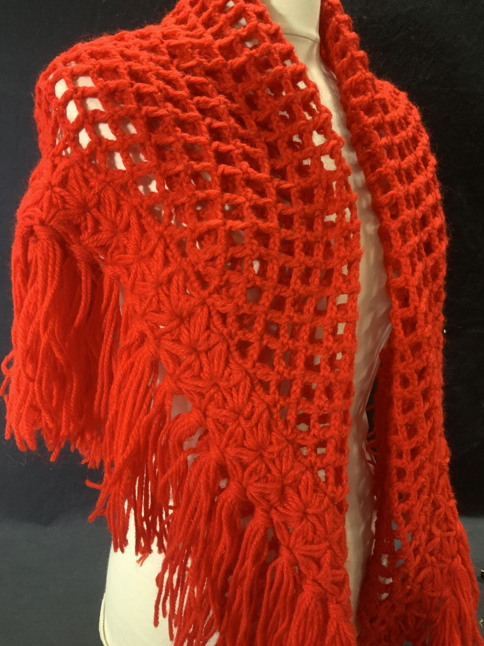Hand Crochet Red Openwork Shawl w Tassels (1 of 5)