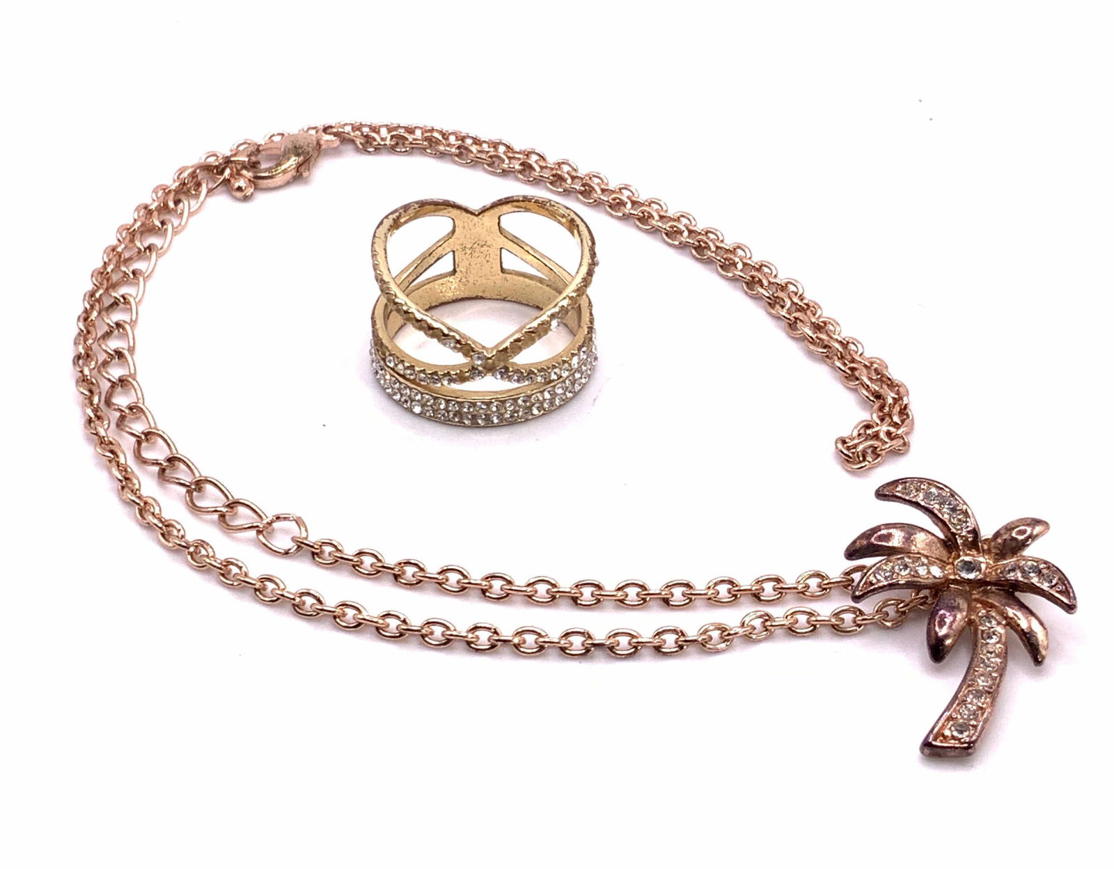 2pc Vntg Crystal Ring & Palm Tree Pendant Necklace (1 of 10)