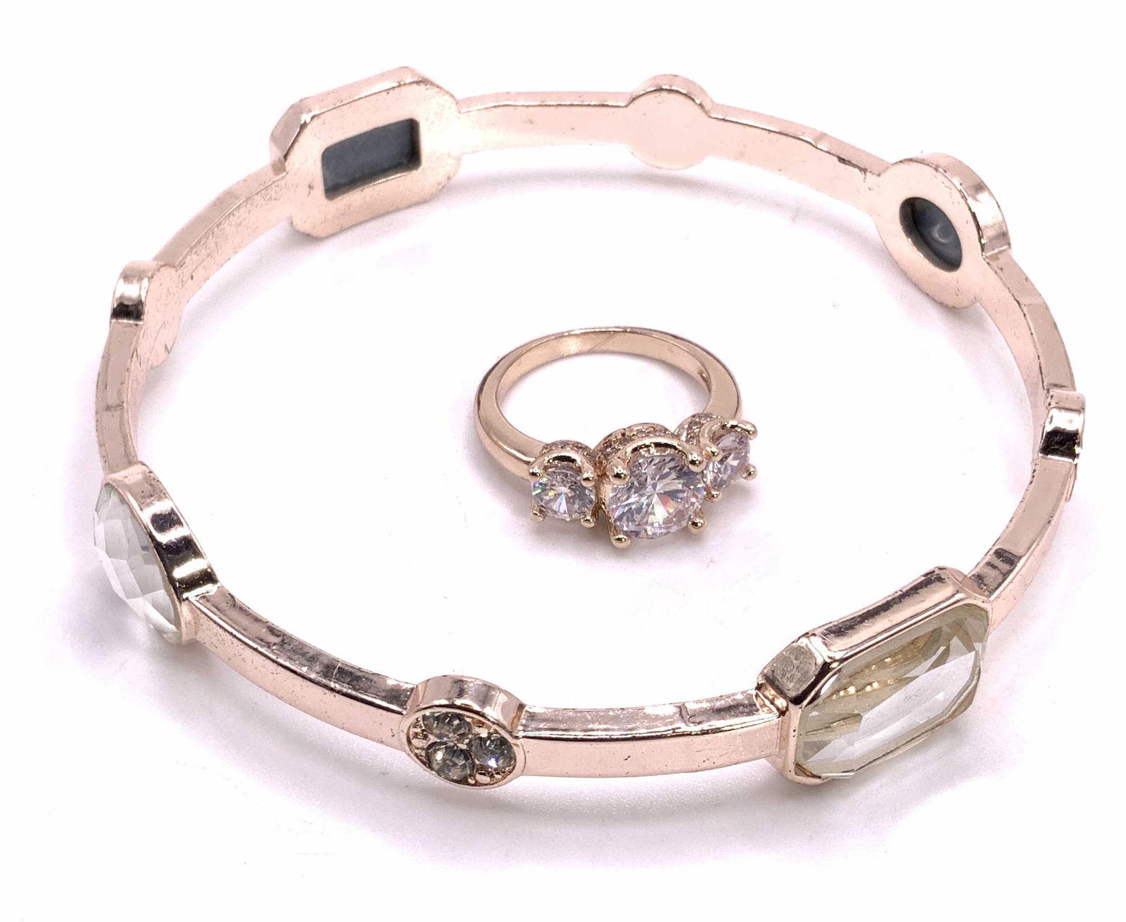 Lot 2 Rose Gold Tn Metal Crystal Ring & Bangle (1 of 11)