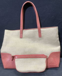 Estee Lauder Croc and Straw Style Tote & Case: Ladies pre owned tote bag with matching make up case. Pink croc straps and underside in leatherette with natural tone straw style material. Interior washable fabric. Label reads Estee Lauder , bag mea