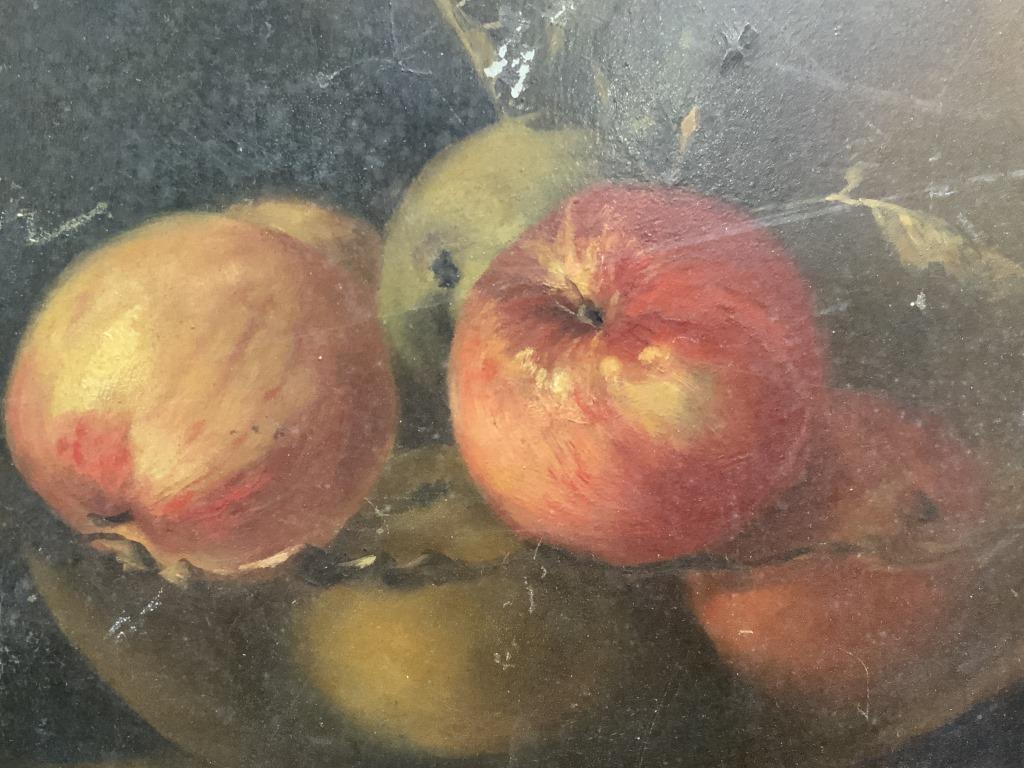 HAMILTON Signed Oil on Panel Fruit Bowl Still Life: HAMILTON Signed Oil on Panel Fruit Bowl Still Life, signature to lower right possibly reads Hamilton, shows apples and pears in a fruit bowl resting on a table, measures 18 x 22 inches, not framed, Ar