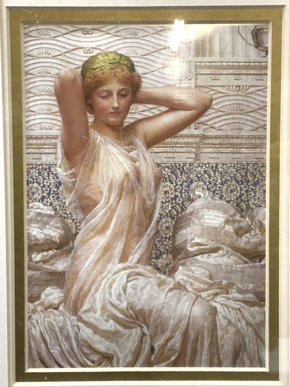 Seated Female Nude Art Nouveau Lithograph: Seated Female Nude Lithograph, in art nouveau style, shows a nude woman draped in translucent linens in front of a floral wallpapered wall with ornate moldings, no apparent inscriptions, window measur