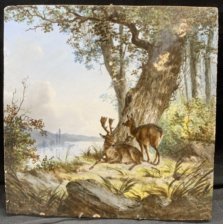 Vintage Signed Hand Painted Clay Slab of Deer (1 of 6)