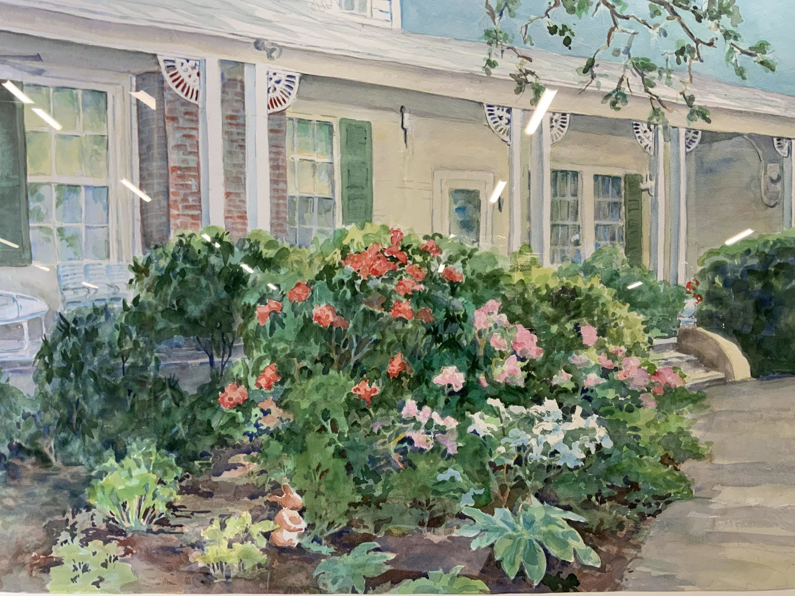 JO SHIPLEY Signed Watercolor Painting of House: JO SHIPLEY Signed Watercolor Painting of House Front, signature to lower right possibly reads J SHIPLEY, verso reads HOLDENS GARDENâ€¦JO SHIPLEYâ€¦ WATERCOLOR, shows a colonial style house fro
