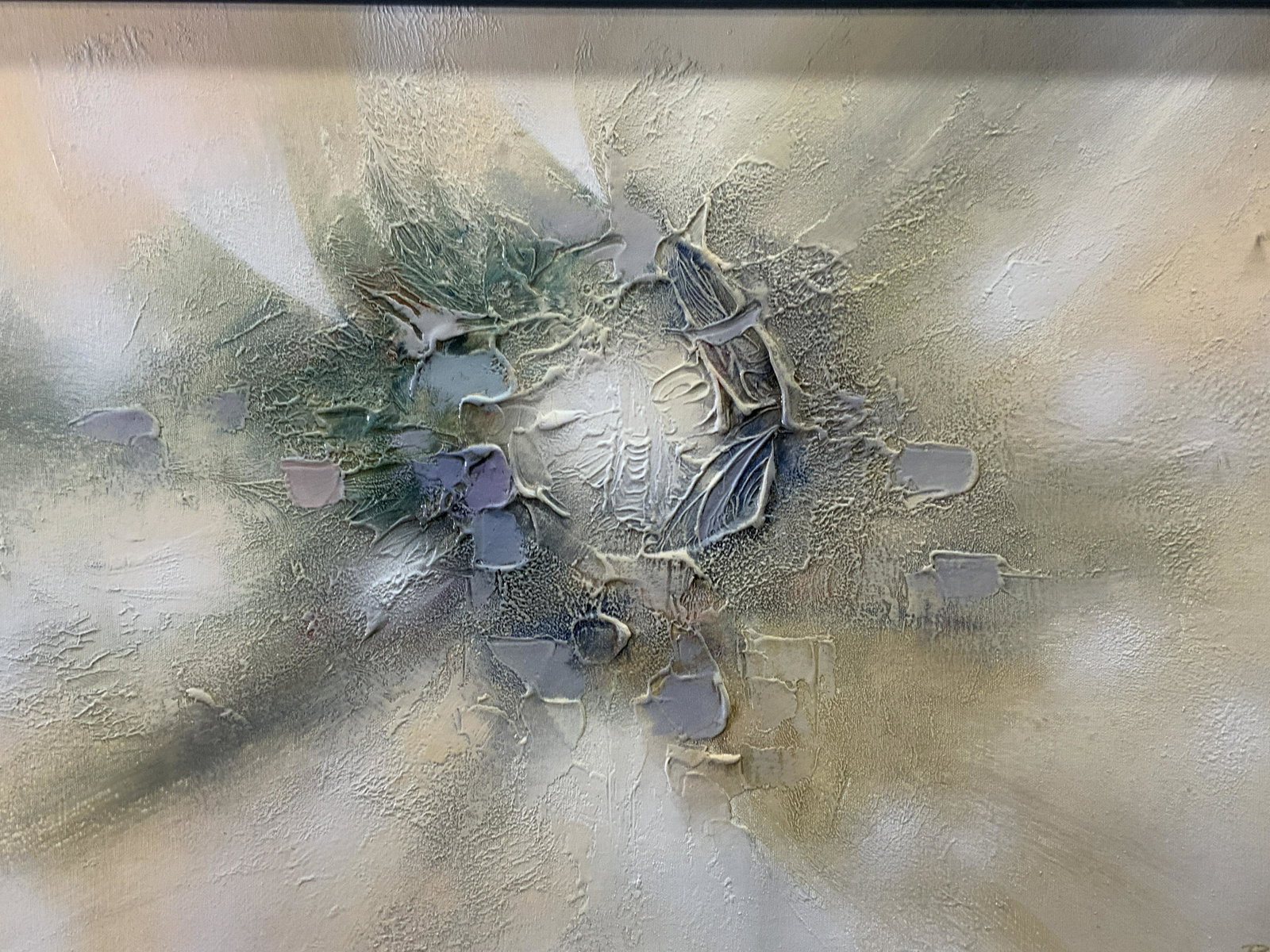 ROBIN SELL Signed Textured Abstract Oil on Canvas: ROBIN SELL Signed Textured Abstract Oil on Canvas, signature to lower right reads ROBIN SELL, shows an abstract composition, likely used a thickening paste for desired texture, measures 37 x 21 inches