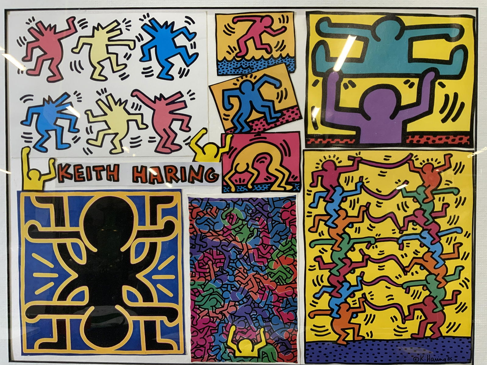 KEITH HARING Collage of Offset Lithograph: KEITH HARING Collage of Offset Lithograph, no real signatures to piece, shows a collage of different Keith Haring Illustrations, some are cut to their shapes, measures 20 1/4 x 16 inches, window measu