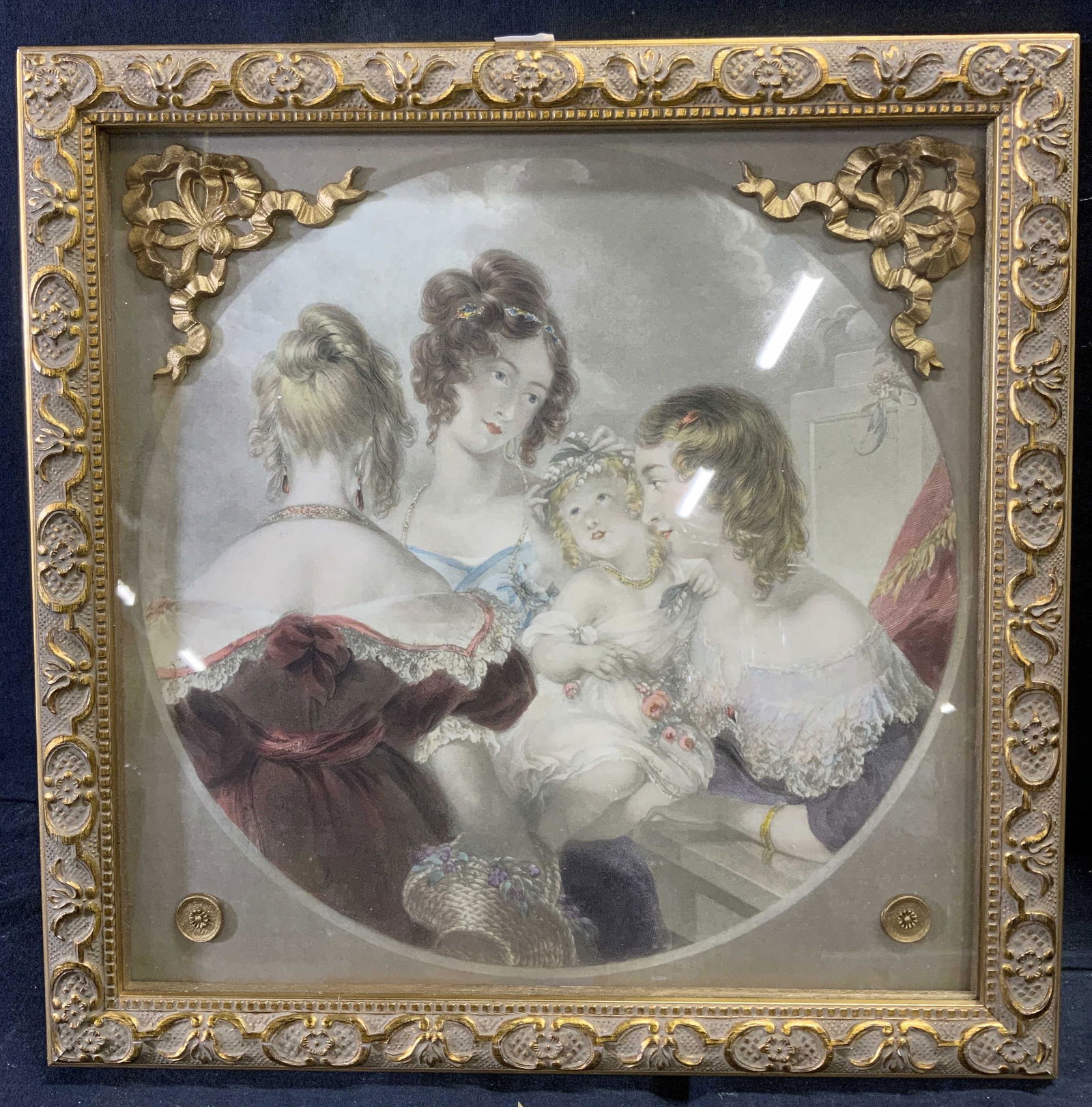 Antique Framed Aquatint of Three Woman and Child (1 of 8)