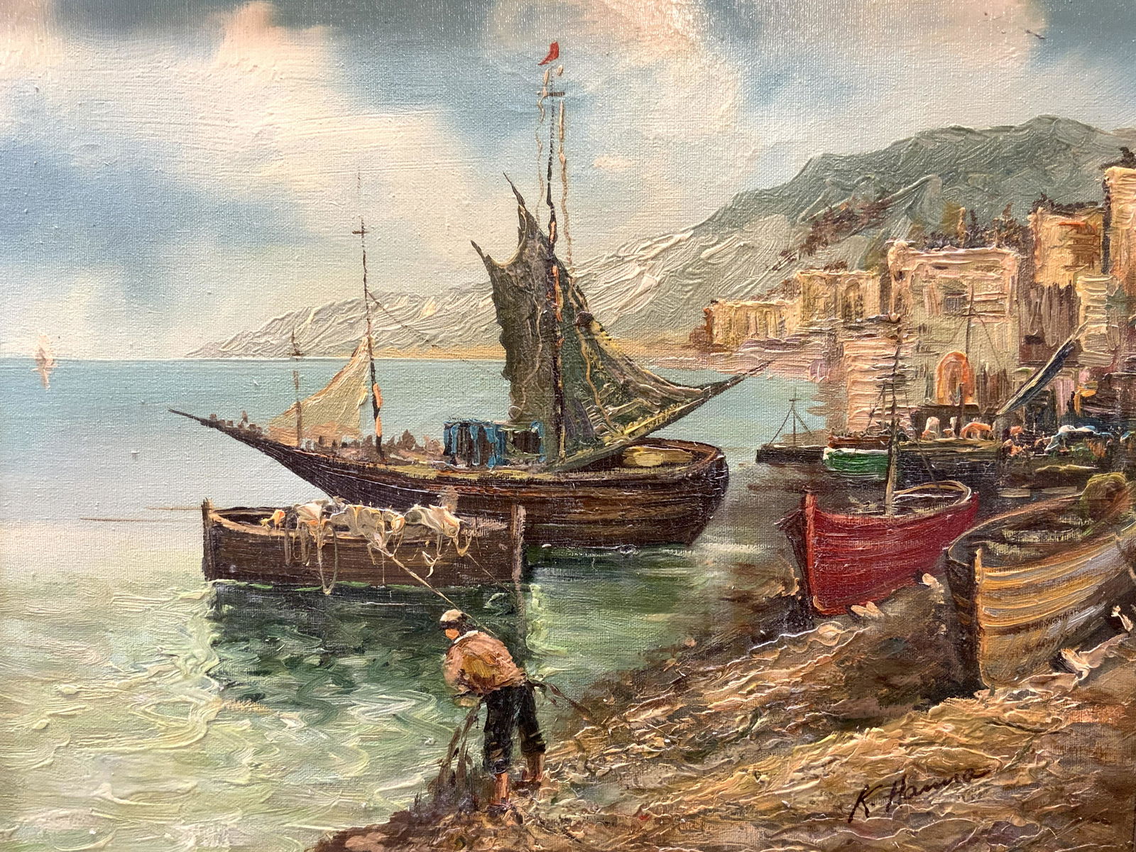 Impressionist Boat Harbor Oil Painting (1 of 5)