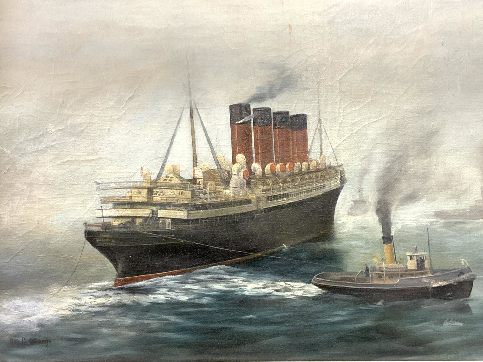 REG B. STRANGE Industrial Ocean Liner Oil Painting: REG B. STRANGE Industrial Ocean Liner Oil Painting, inscription to lower left reads Reg B. Strange, subject shows an industrial ocean liner ship anchored and tethered to a smaller steam boat with othe