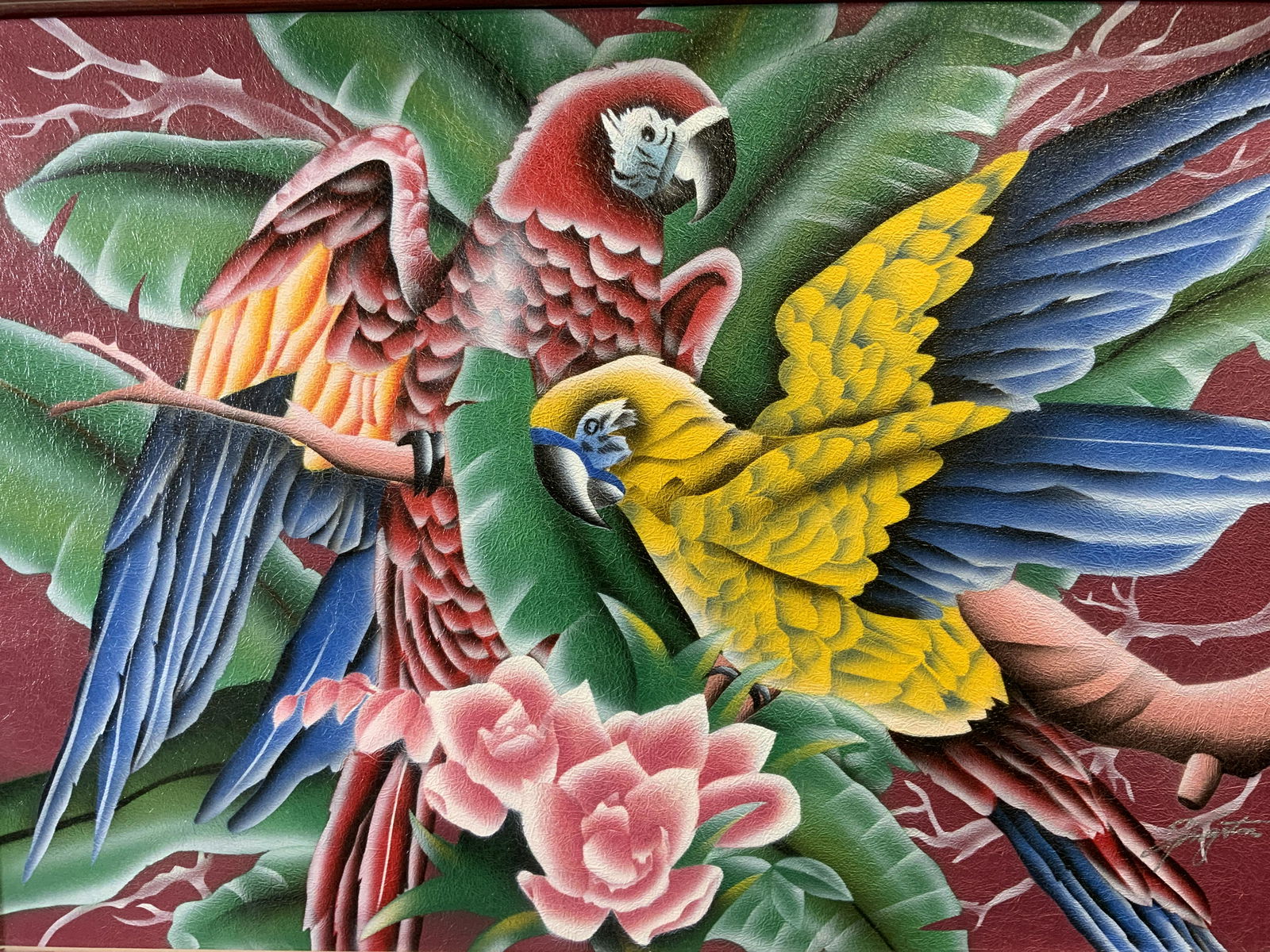 Signed Macaws Resting on Branches Airbrush Artwork (1 of 9)