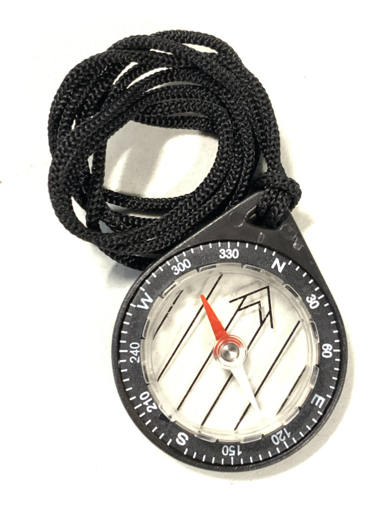 Black Compass Necklace: A black compass tied with a black cord. Approximately 18 inches long. Compass, hiking, compass necklace, necklace, Estate accessories, outdoor activities, hiking compass, mens wear, mens accessories. 