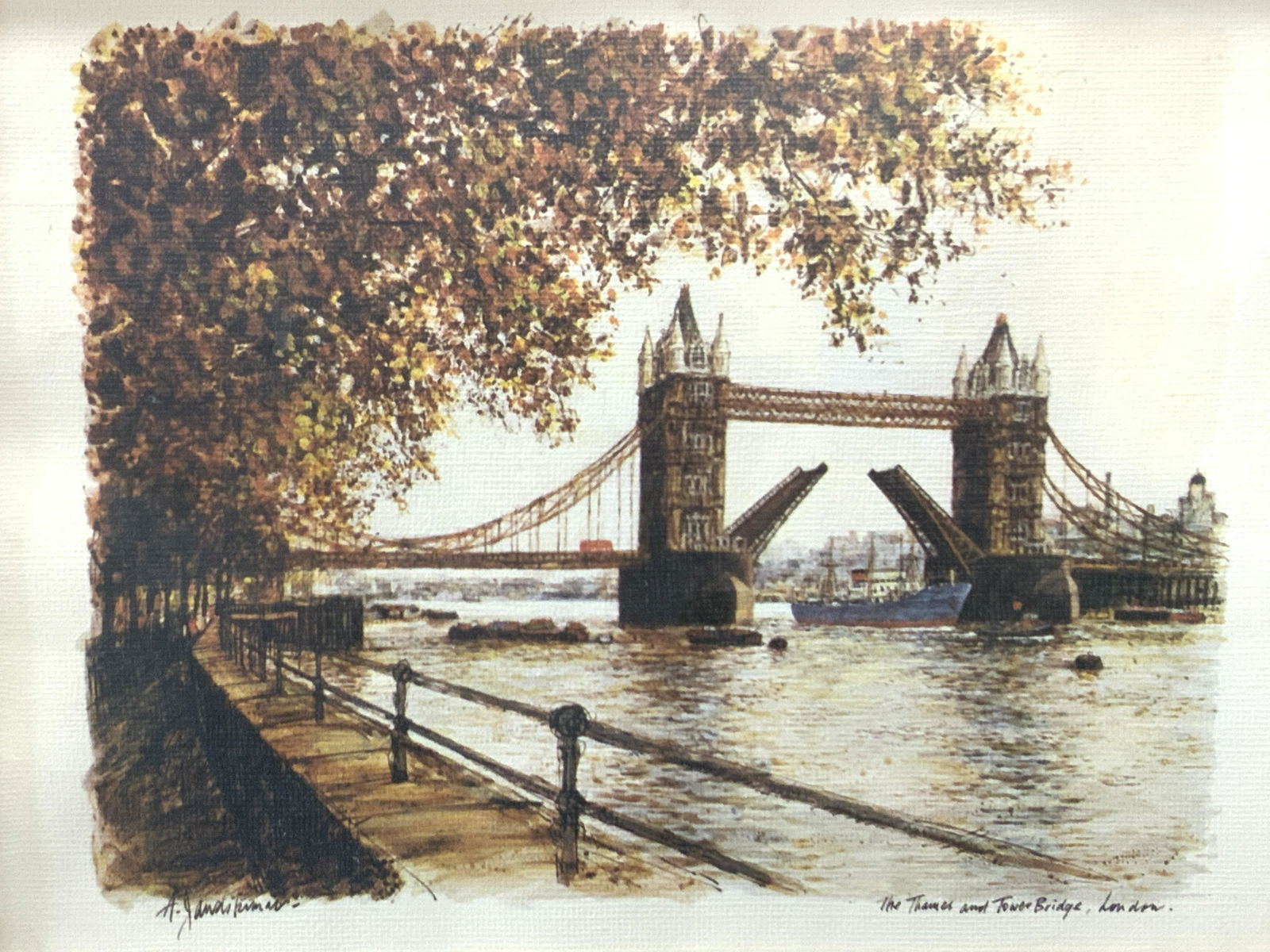 The Thames and Tower Bridge Vtg Lithograph, London (1 of 5)