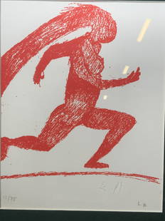 ATTR LOUISE BOURGEOIS Signed Lithograph of Runner: ATTR LOUISE BOURGEOIS Signed Lithograph of Running woman with long hair in red, Artist monogram to lower right â€˜LBâ€™, edition number to lower left reads â€˜11/75â€™, stamp to