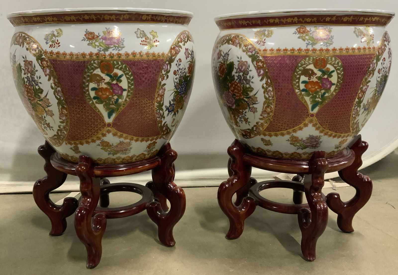 Signed Pr Vtg Hand Painted Asian Planters W Stands (1 of 10)