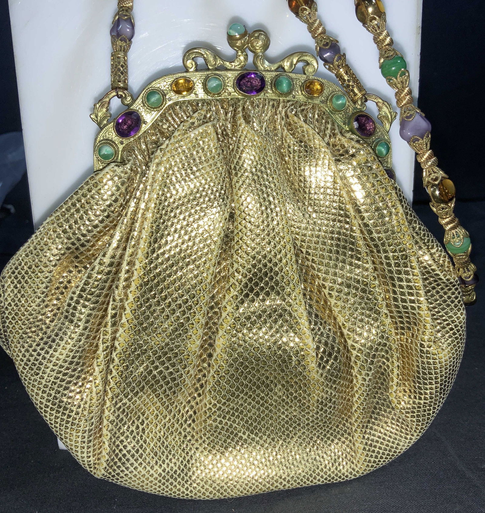 Vtg Gold Snakeskin Evening Purse w Beaded Strap (1 of 9)