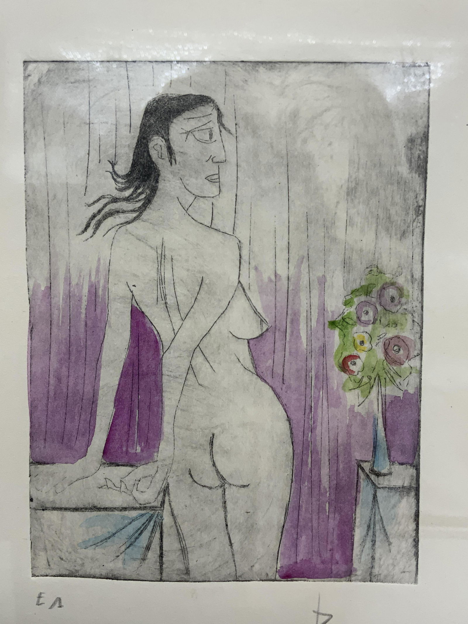 ATTR Bernard Buffet Signed Hand Colored Dry Point: ATTR Bernard Buffet Signed Hand Colored Etching, has artists signature to lower right, reads BERNARD BUFFET, has ea for artist proof to lower left, verso has illegible stamp, shows a nude women with h