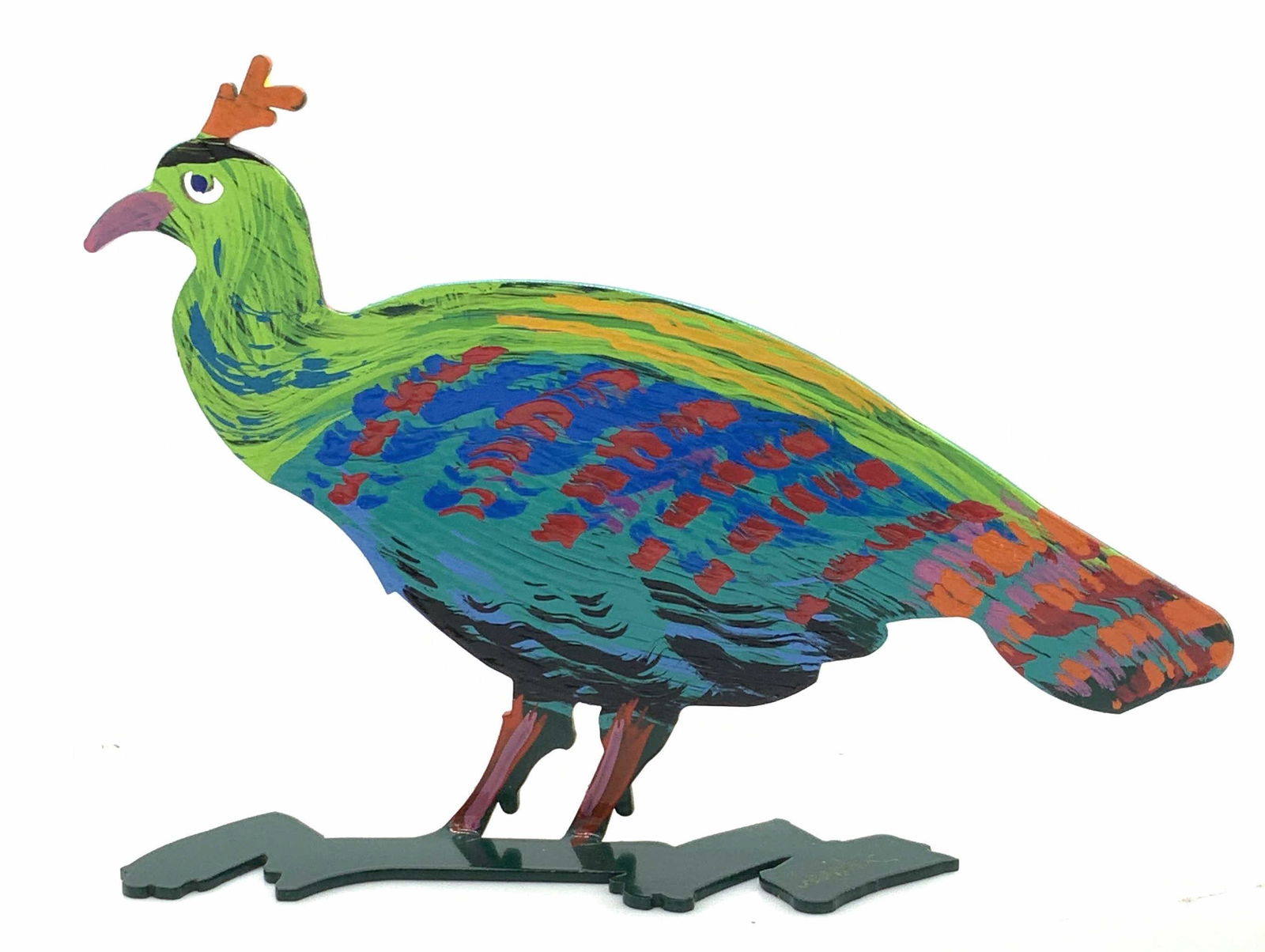 DAVID GERSTEIN Painted Signed Peacock Folk Art: Metal Peacock, hand painted with vibrant coloring. Signed by hand on base, appears to read Gerstein. Each side has a different look. Measures 8 x 5 in. Property of Central Park West Manhattan, NY Esta