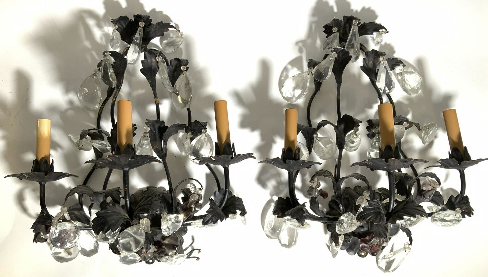 Pair 3 Arm Metal Wall Sconces W Pendalogues (1 of 10)