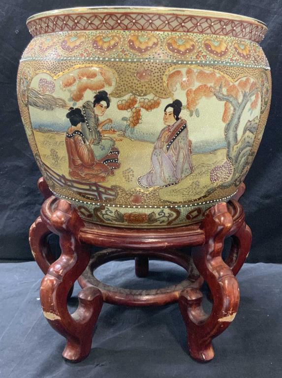 Satsuma Chinese Fish Bowl Planter w Stand (1 of 15)