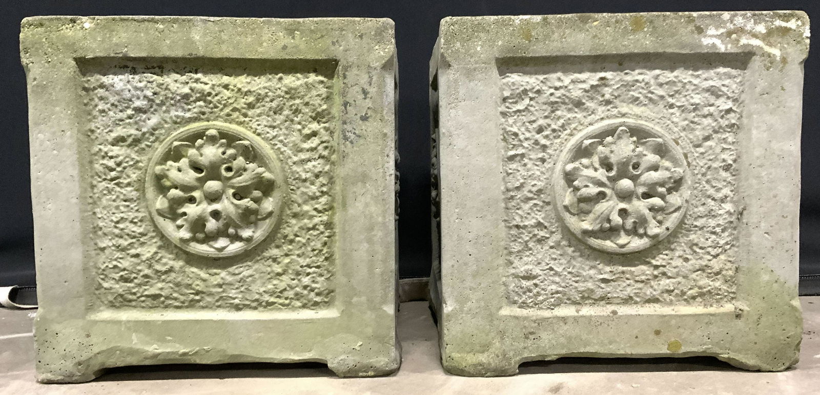 Pr Cube Shaped Cement Planters W Medallion Detail (1 of 10)