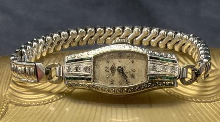 KRIESLER Pery 10K GF Stretch Watch w Diamonds,: Antique c. 1920s Art Deco Stretch KRIESLER Pery ladies wristwatch. stainless steel Watch with diamonds ( test positive on gem tester) , hallmarked KRIESLER on the backs of each link and marked Stainle