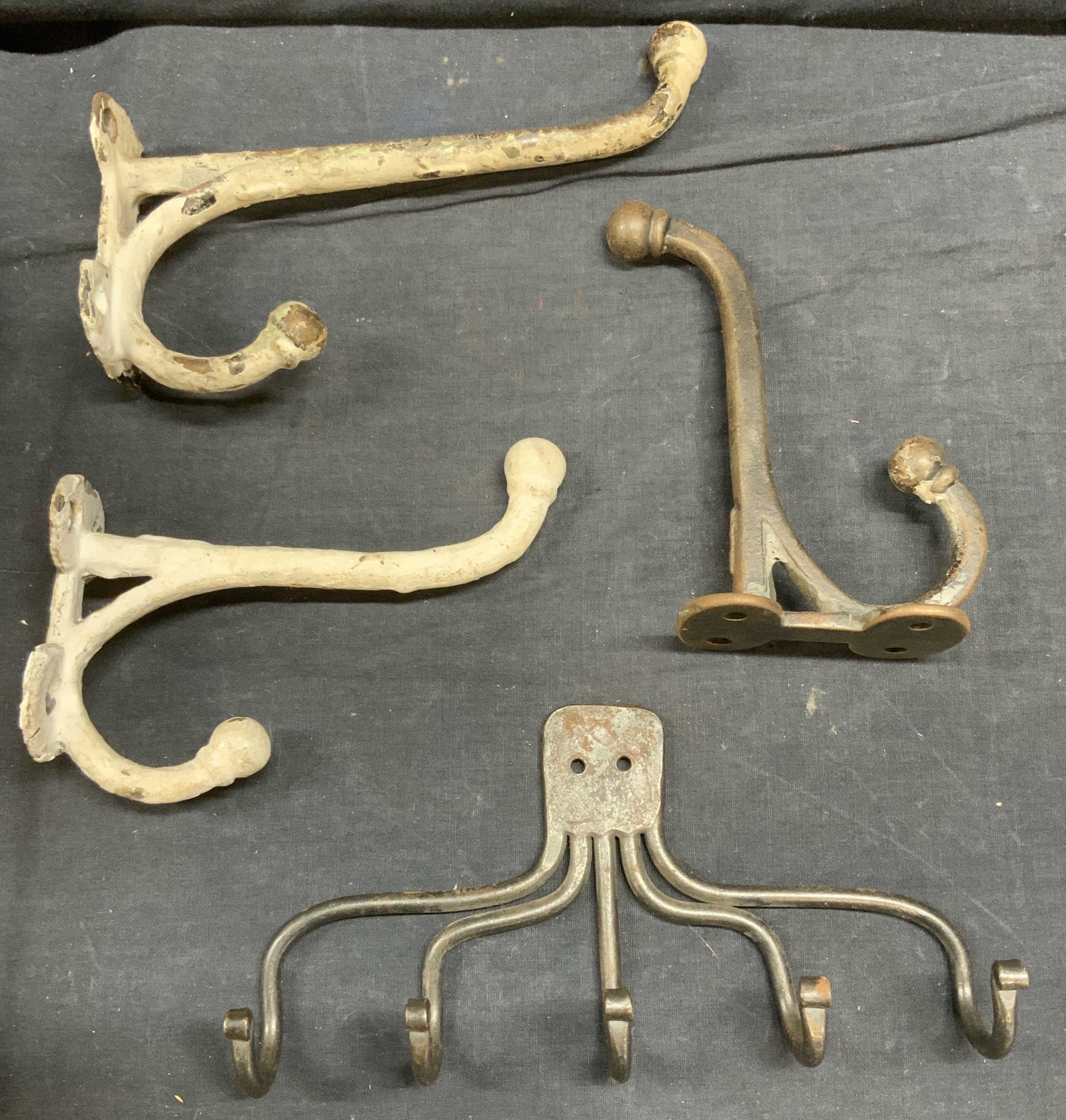 Lot 4 Antique Metal Coat & Hat Hooks: Lot 4 Antique Coat & Hat Hooks, largest. measures 8 1/2 x 4 inches, wear consistent with age and use, Coat hooks, vintage coat hooks, vintage coat hooks, antique coat hooks, iron coat hooks, metal coa