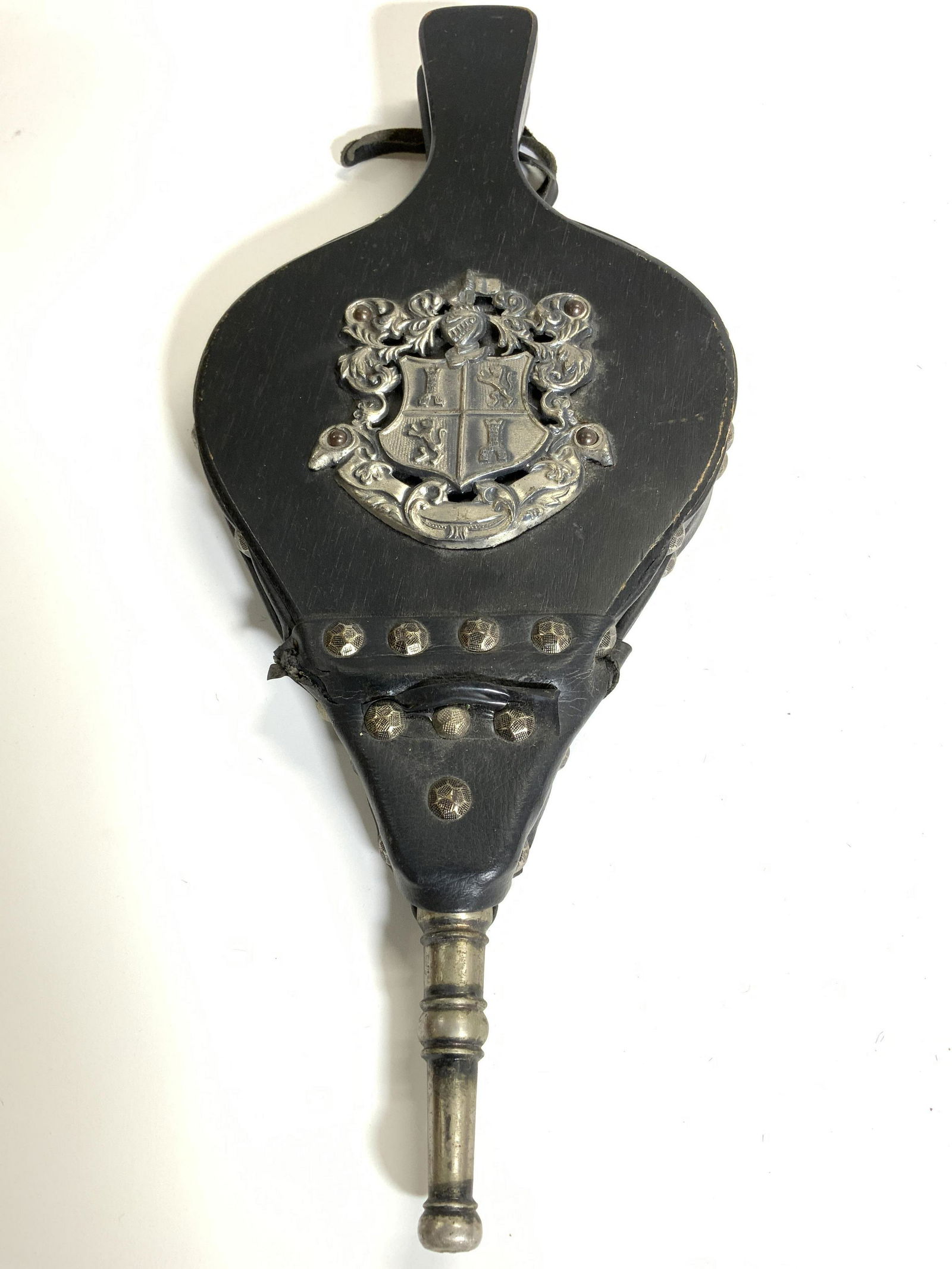 Vtg Wood & Leather Fireplace Bellow W Coat Of Arms (1 of 8)