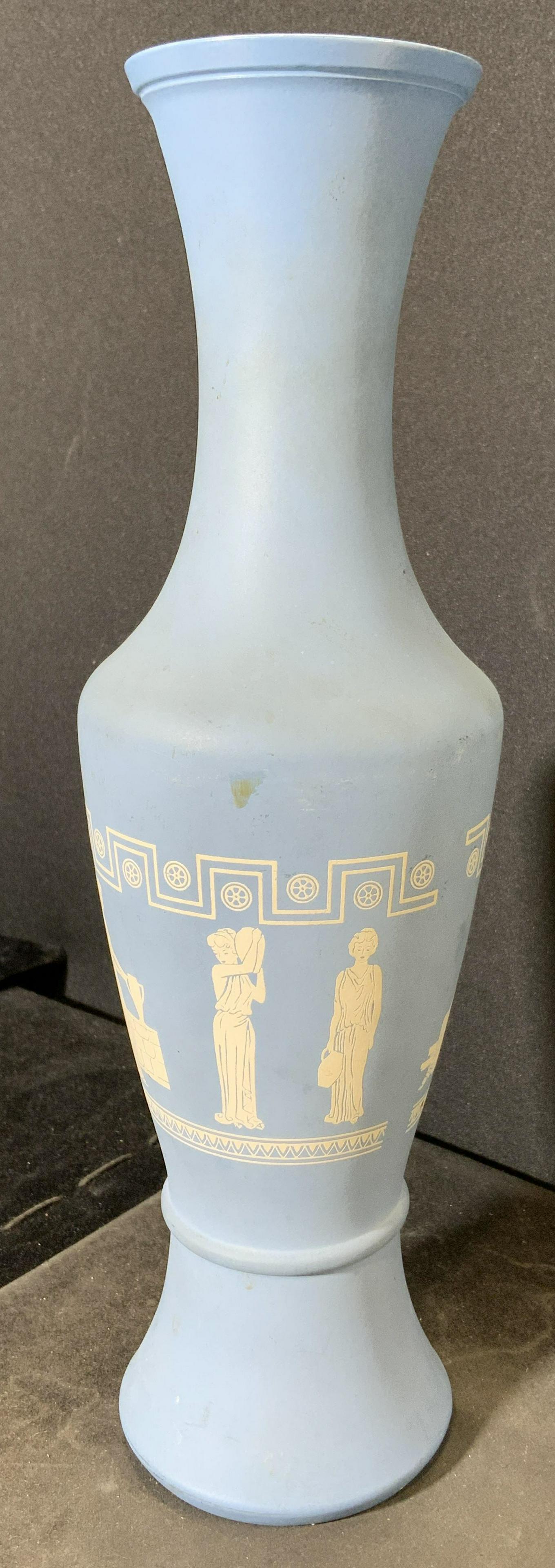 Vintage JEANETTE Glass Company Jasper Vase: Vintage Jeanette Glass vase. Jasper ware pattern printed onto glass. Powder blue toned, Grecian design printed in white. Underside marked with reverse J. Surface wear and scratches present. Measures a