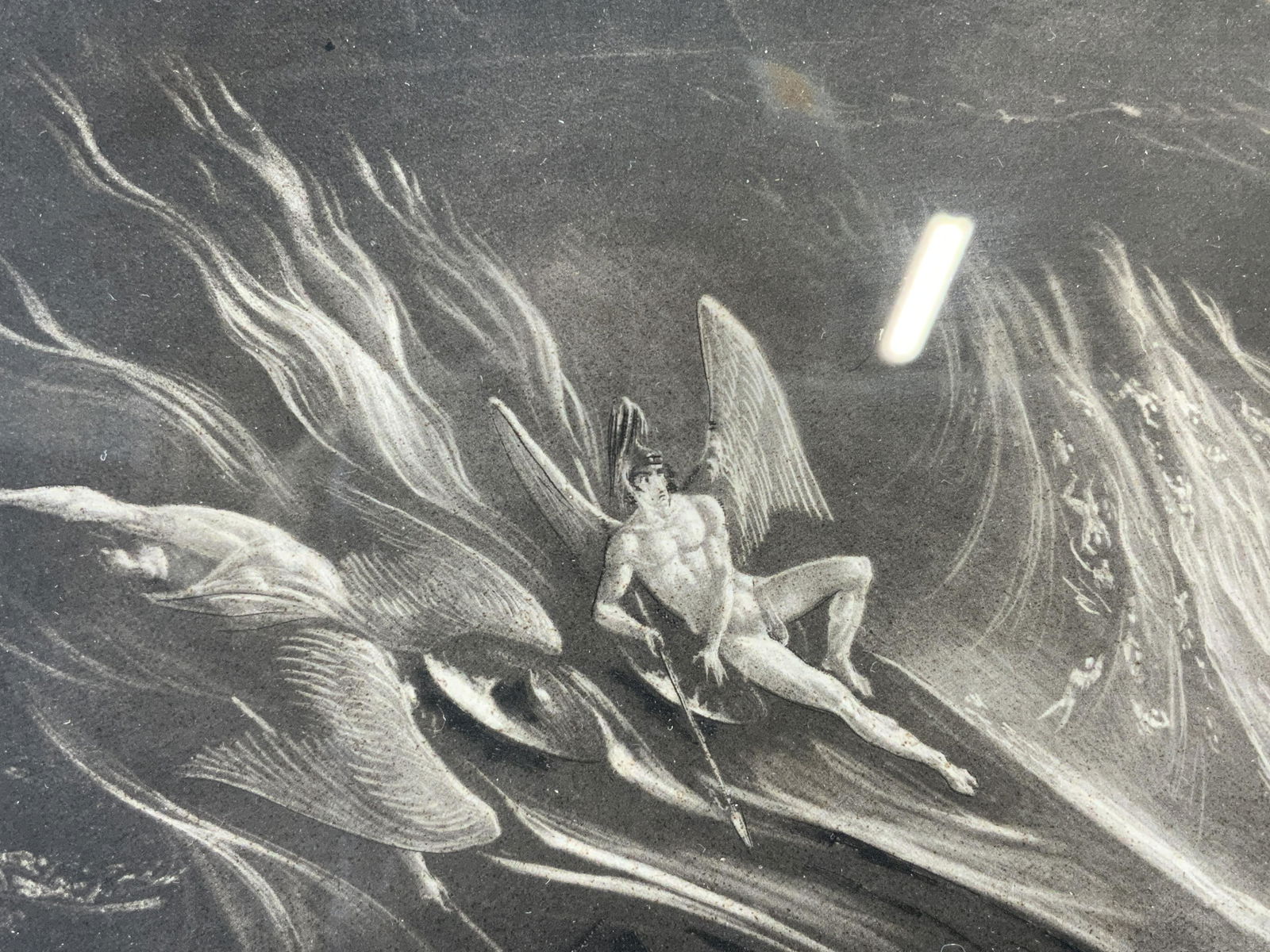 JOHN MARTIN Satan on Burning Lake Mezzotint: JOHN MARTIN Satan on the Burning Lake Mezzotint Engraving, 1824, shows Satan was chained to a burning lake after he was expelled from Heaven., measures 19 1/2 x 16 inches, 11 1/2 x 7 3/4 inches, brass