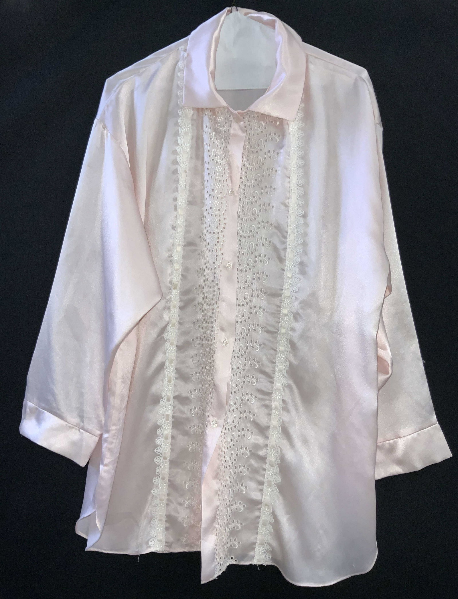 CHRISTIAN DIOR SAKS FIFTH Vintage Pink Blouse: A pink hued button up blouse with pierced fabric and lace accents. Tag reads CHRISTIAN DIOR, SAKS FIFTH AVENUE. Size tag reads SMALL, MADE IN USA. Material tag reads polyester. Some discoloration, tea